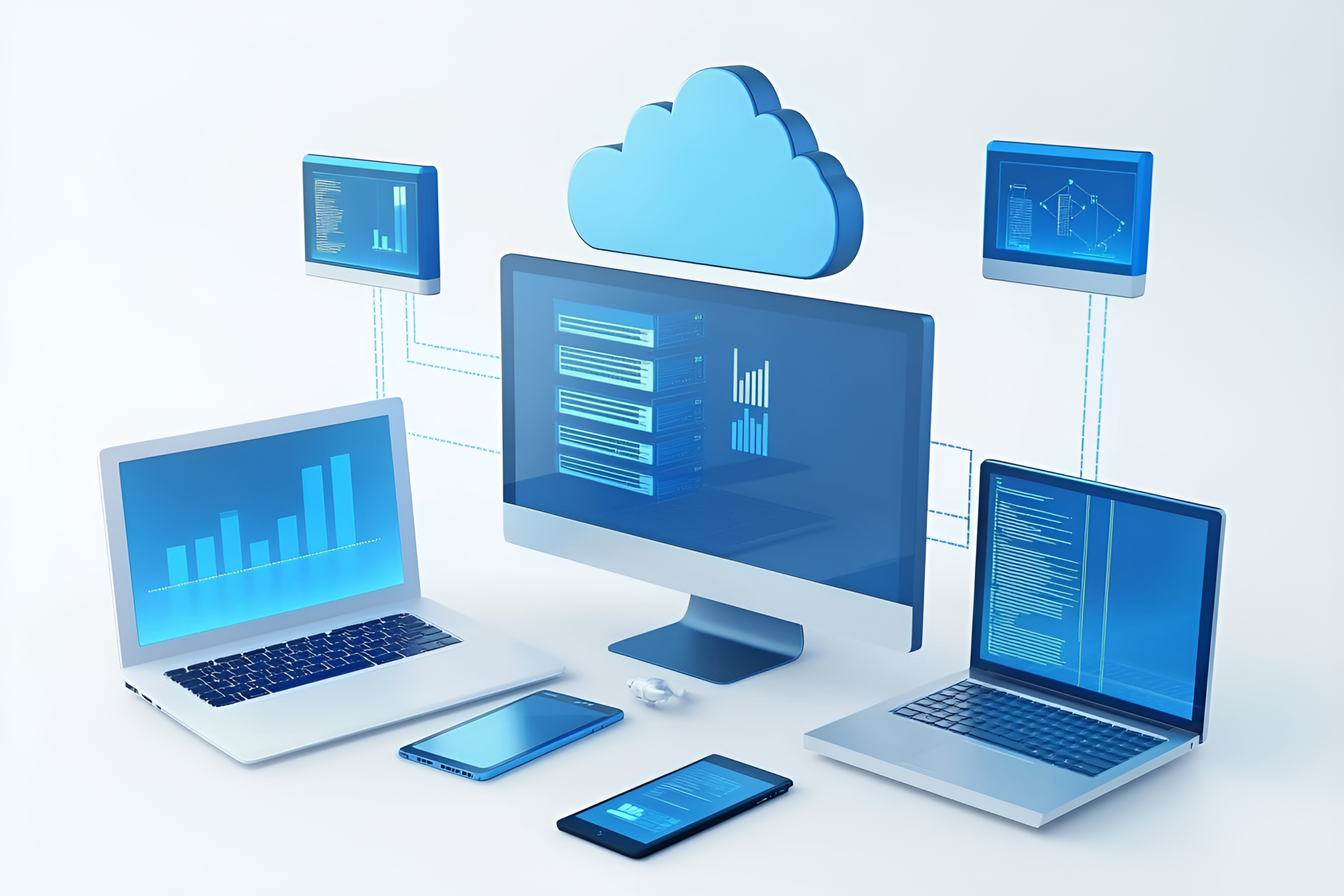 3D渲染科技感现代感笔记本电脑台式电脑智能手机云图标网络系统插画（商业使用）.jpg